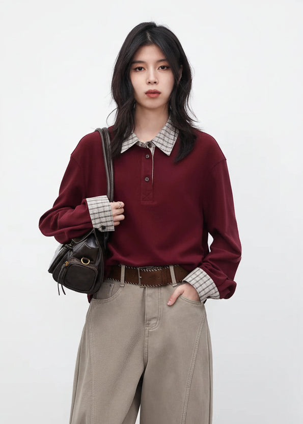 Color Block Plaid T-Shirt  Loose Casual Long Sleeve Loran