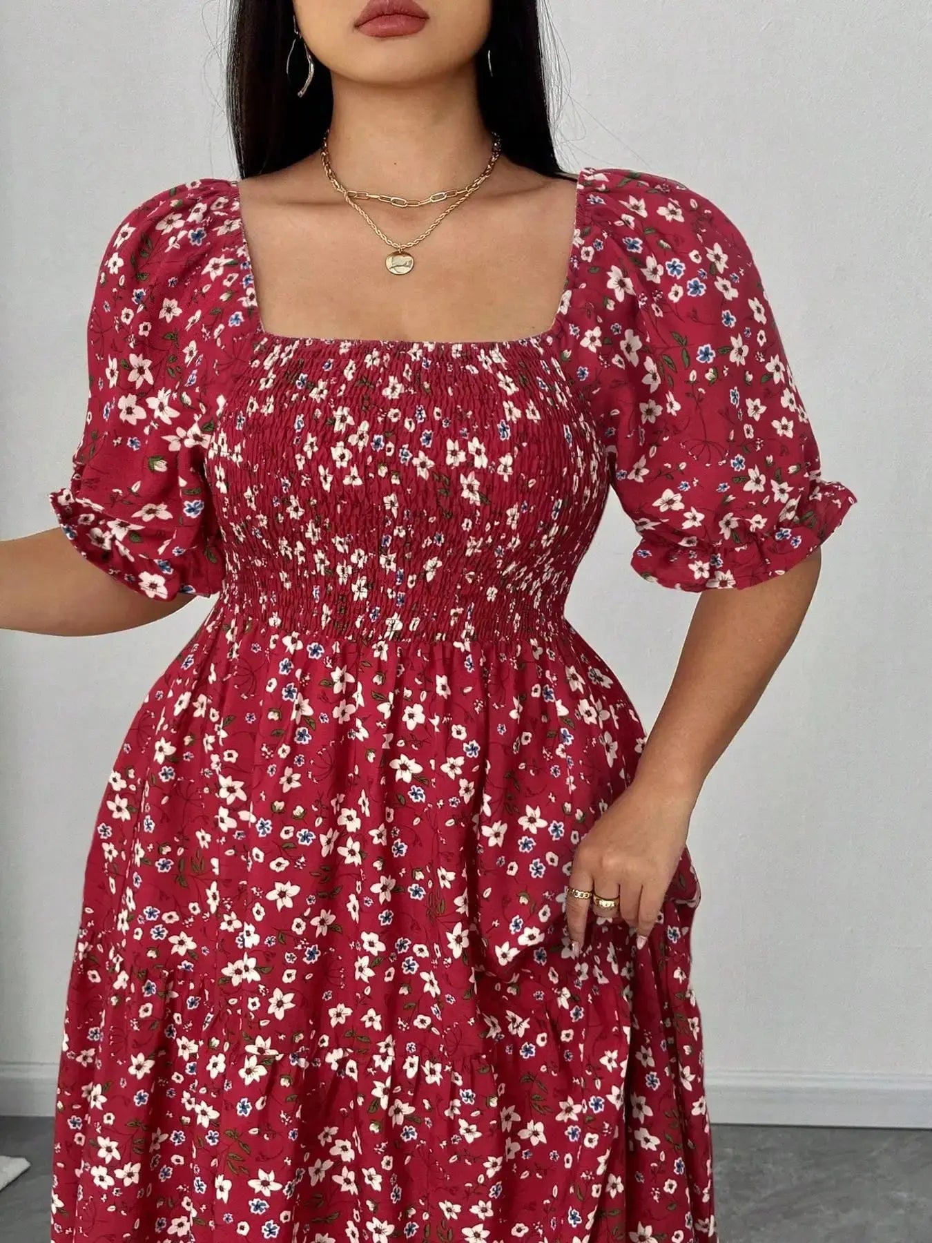 Plus Size Floral Fitted Woven Dress - Loran