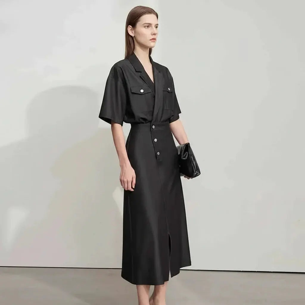 Draped Flip-Neck Denim Shirt Dress - Loran