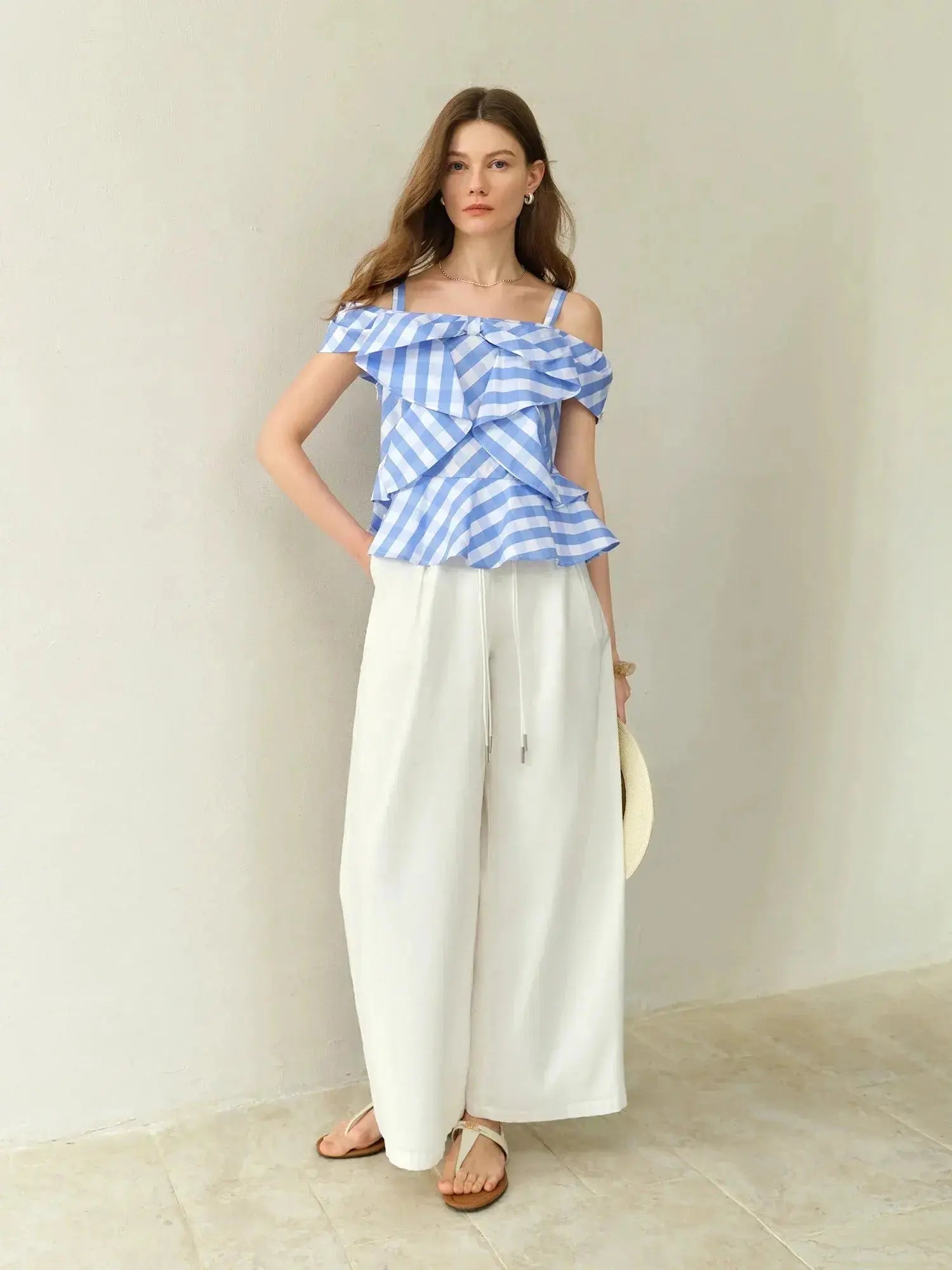 Asymmetric Checkered Blouse with Geometric Print - Loran