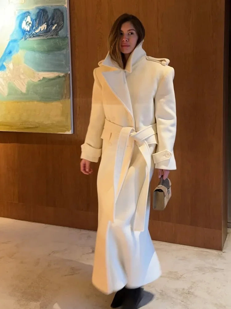 Chic Double-Breasted Wool Coat with Lace-Up Detail