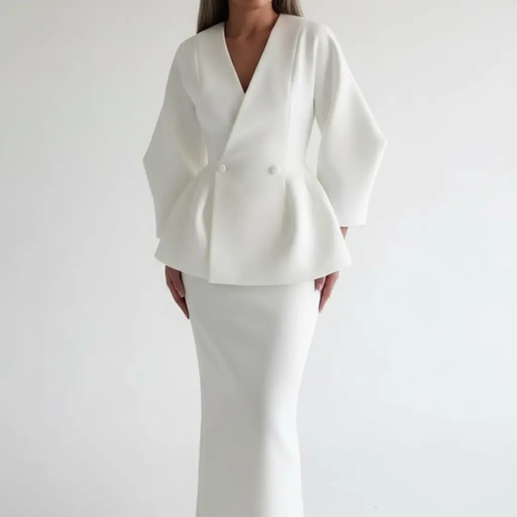 Women's V-Neck Jacket and Midi Skirt Suit - Loran