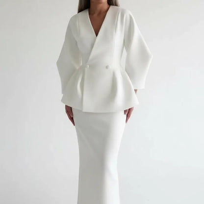 Women's V-Neck Jacket and Midi Skirt Suit - Loran