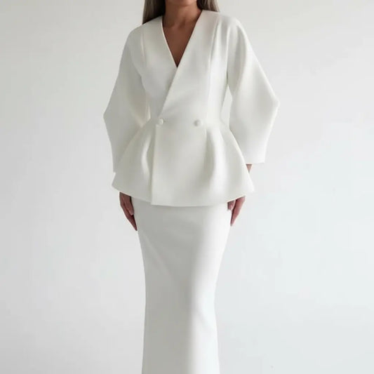 Women's V-Neck Jacket and Midi Skirt Suit - Loran