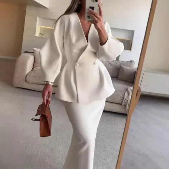 Women's V-Neck Jacket and Midi Skirt Suit - Loran