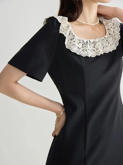Elegant Black Lace Short Sleeve Long Dress - Loran