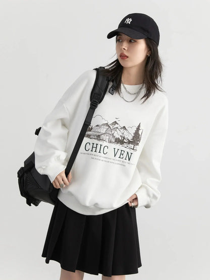 Retro Letter-Embroidered Oversized Sweatshirt - Loran