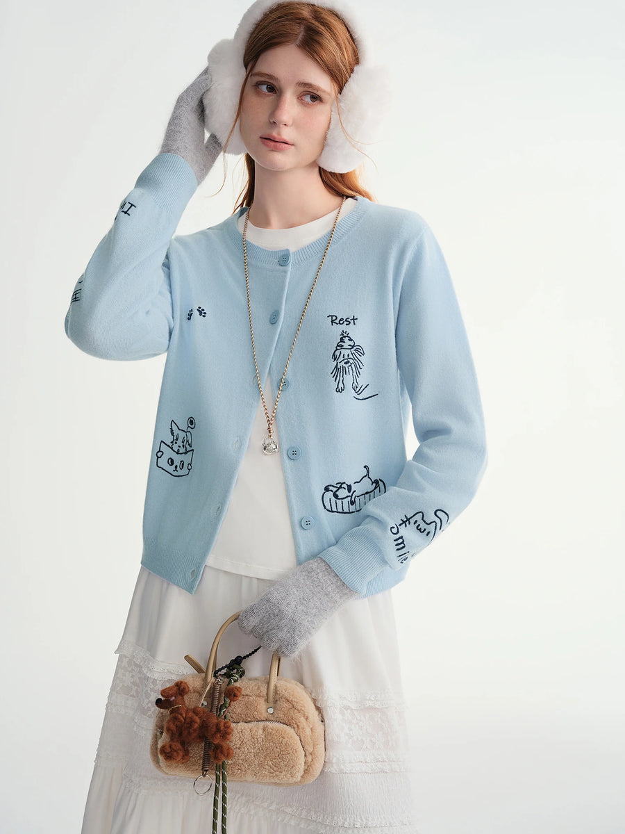 Plus-Size Pet-Embroidered Wool Cardigan