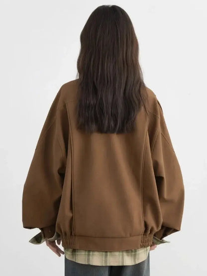 Loose Leather Stand Collar Jacket - Loran