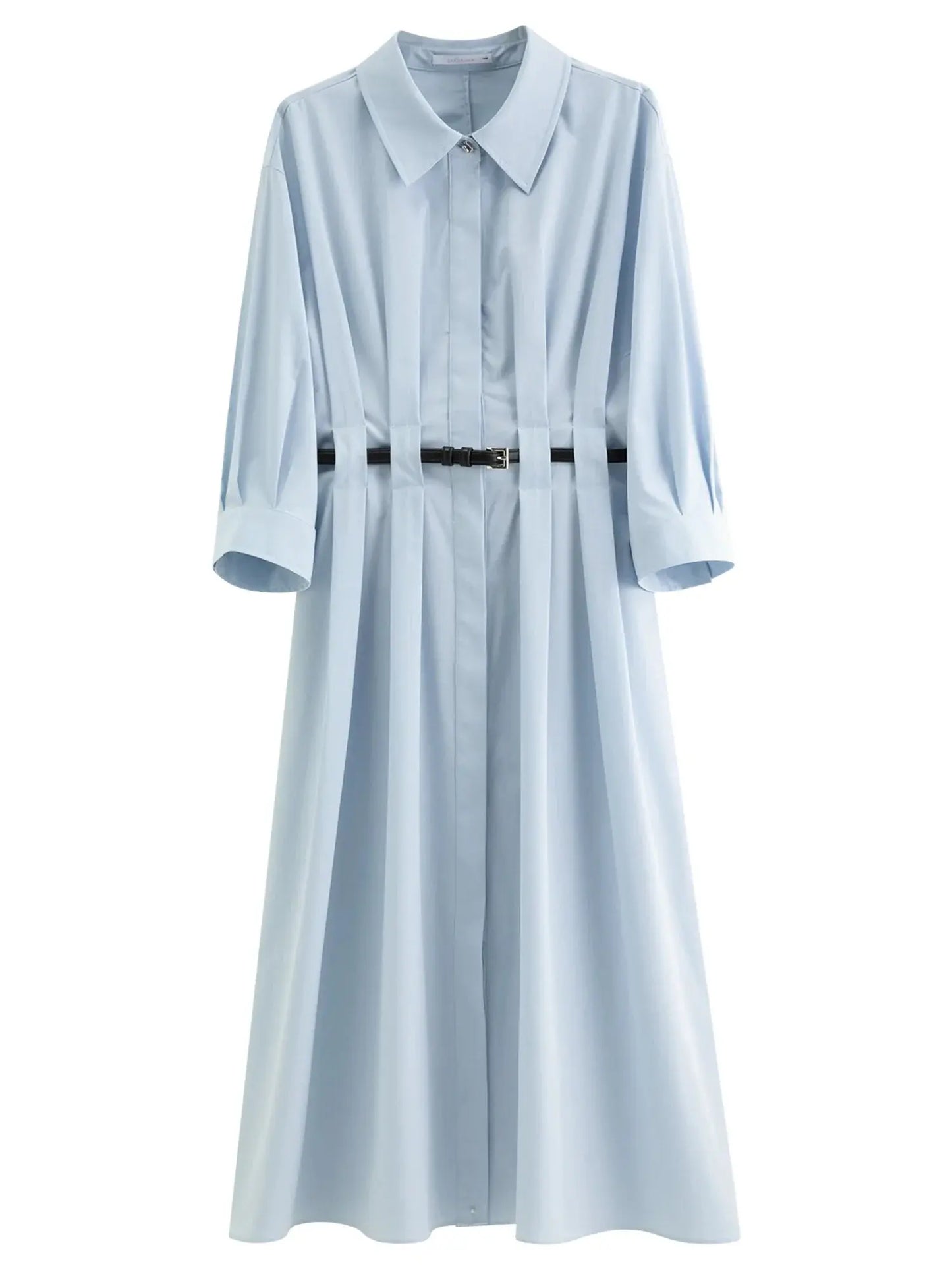 Autumn Vertical Stripe Pleated Shirt Dress with Belt - Loran