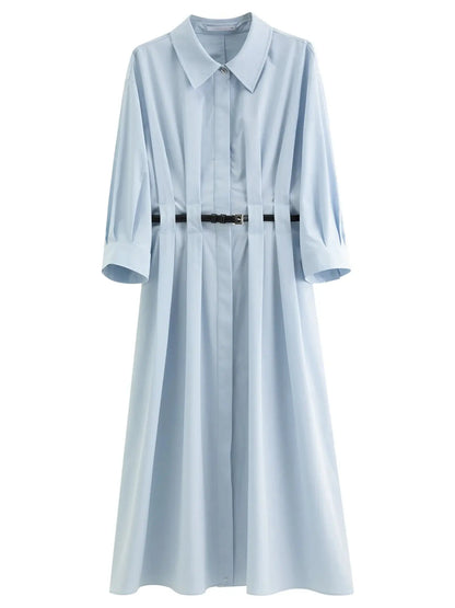 Autumn Vertical Stripe Pleated Shirt Dress with Belt - Loran