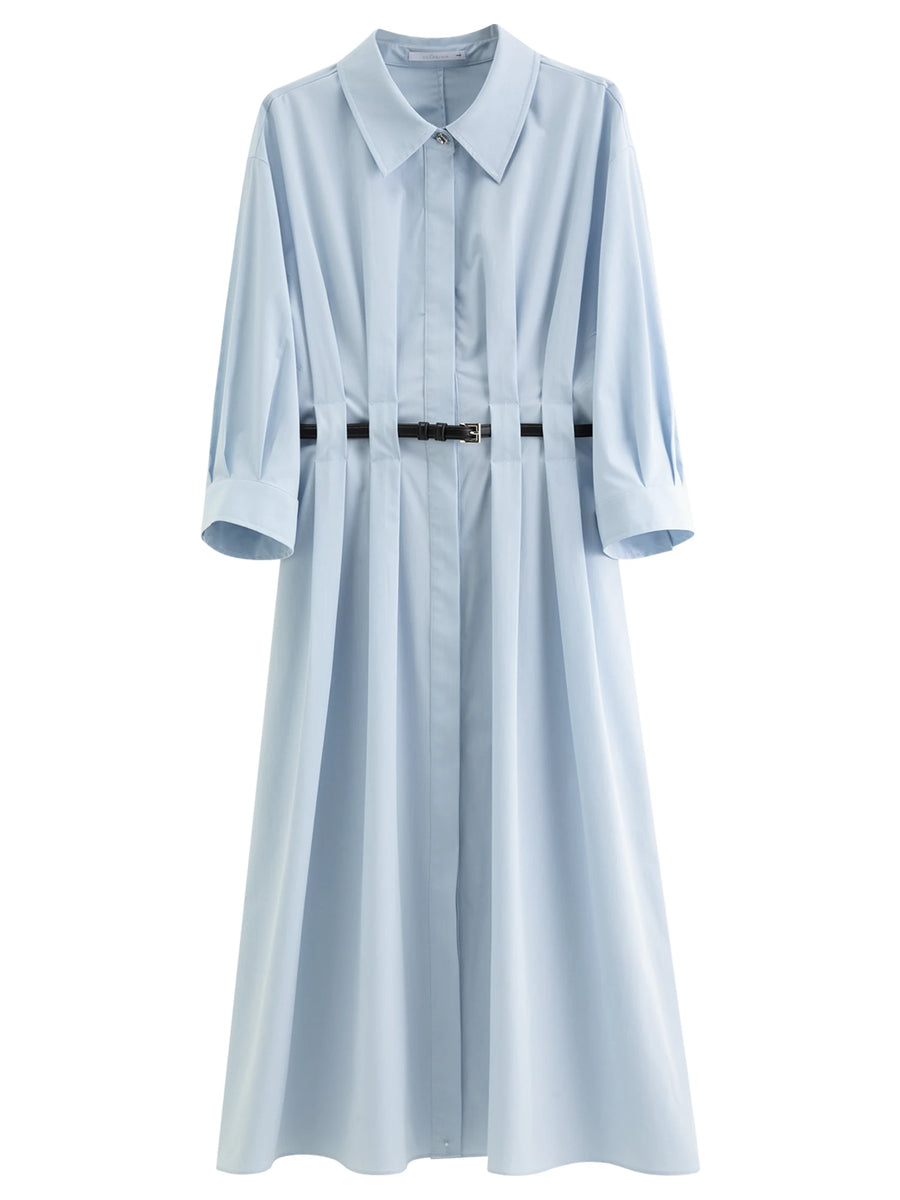 Autumn Vertical Stripe Pleated Shirt Dress with Belt