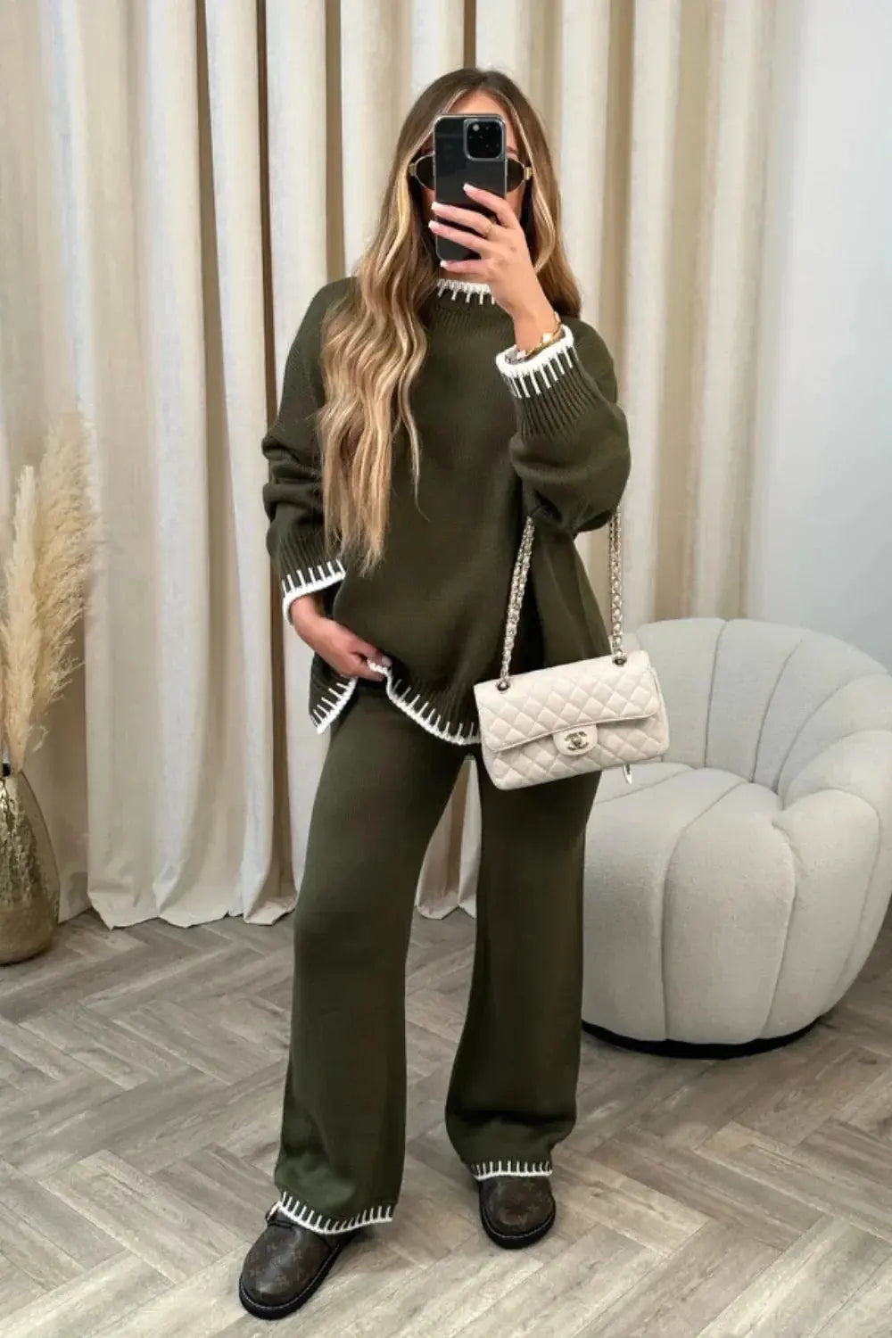 Loose Knit Sweater & Wide-Leg Pant Outfit - Loran