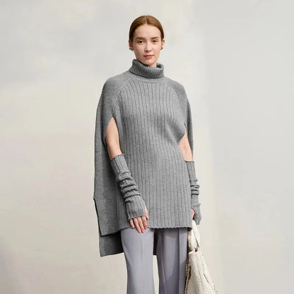 Chic Turtleneck Knit Sweater Cape | Solid Winter Pullover - Loran