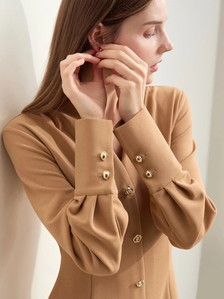 Amii Minimalism 2025 Women Dresses Autumn New Elegant V-neck Buckle Waist Fashion Office Lady Slim Long Dress Female 12443046 Loran