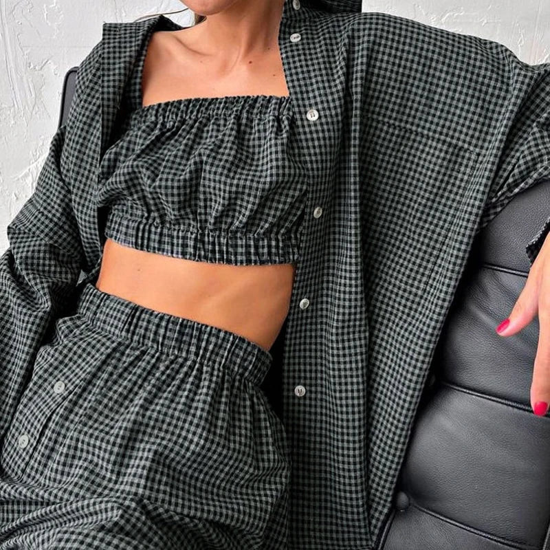 3-Piece Gray Plaid Cotton Lounge Set Loose Summer Outfit Loran