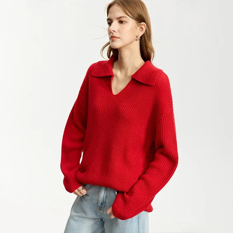 AMII Minimalist French Lazy Style Sweaters for Women 2025 Winter New Loose Casual Turn-down V-neck Long Sleeve Blouses 12344142 Loran