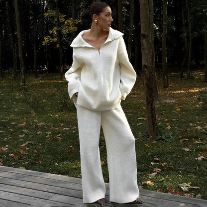 Chic Knitted Sweater and Wide-Leg Trousers Set - Loran