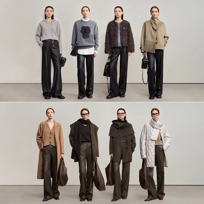 AMII Pants For Woman 2025 Winter New Minimalist Commuter PU Leather  Loose Wide-leg Pants Casual Office Lady Trousers 12524063 Loran