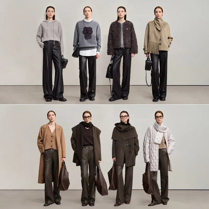 AMII Pants For Woman 2025 Winter New Minimalist Commuter PU Leather  Loose Wide-leg Pants Casual Office Lady Trousers 12524063 Loran