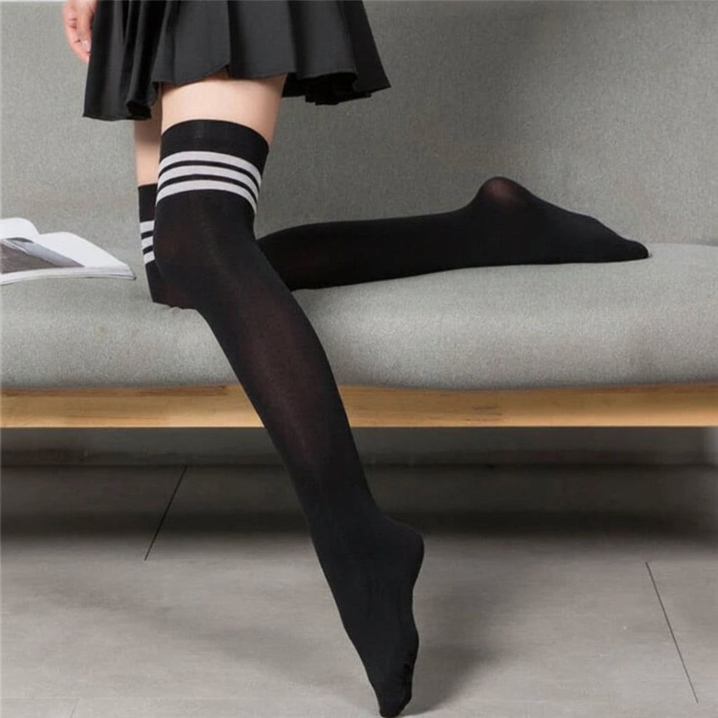 Black & White Striped Thigh High Socks for Women