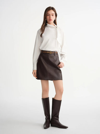 Elegant White Asymmetrical Skew Collar Blouse Loran