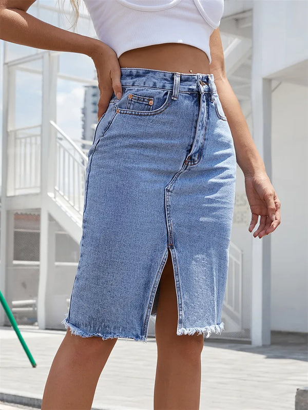 Front Slit Blue Denim Skirt Pockets - 3IN SMART Shop  #