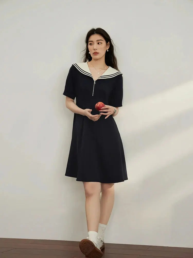 Chic Navy Contrast Zip Dress - Loran
