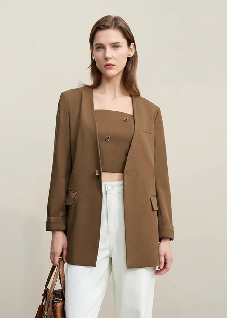 Amii Women's Jacket 2026 Spring New Bead Sheet Flower V-Neck Women's Blazer Straight Elegant Shoulder Pad Blazers Top 12621026 Loran