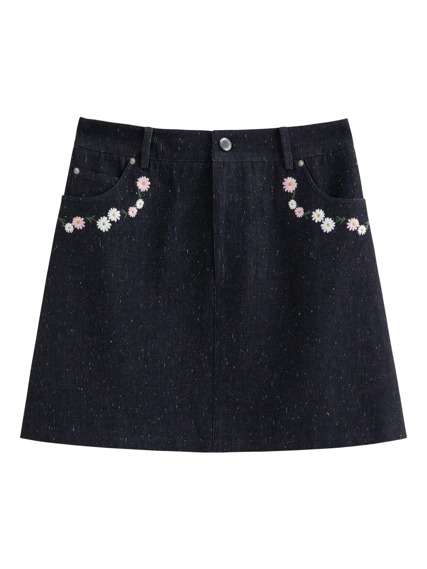 DUSHU Women Floral Embroidered Colorful Dot Denim Skirt Spring 2026 New Arrival Slimming High-Waisted A-Line Thigh Length Skirt Loran