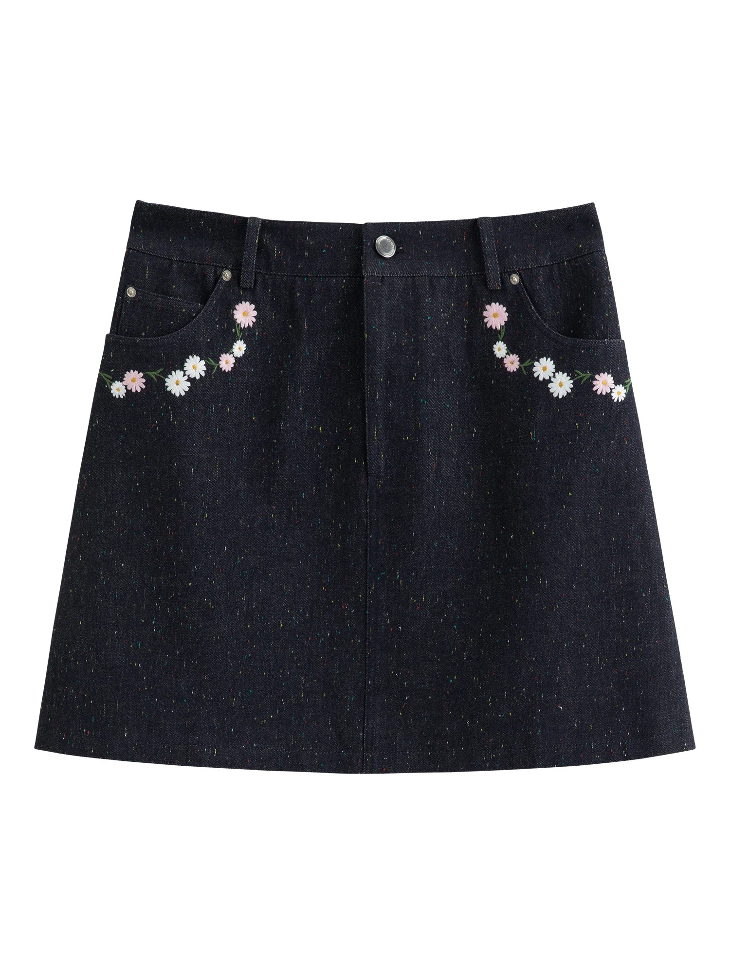 DUSHU Women Floral Embroidered Colorful Dot Denim Skirt Spring 2026 New Arrival Slimming High-Waisted A-Line Thigh Length Skirt Loran