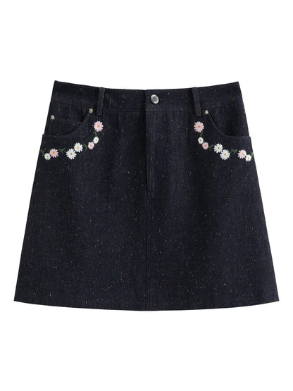 DUSHU Women Floral Embroidered Colorful Dot Denim Skirt Spring 2026 New Arrival Slimming High-Waisted A-Line Thigh Length Skirt Loran
