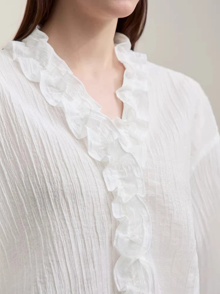 Amii Women Shirt 2026 Spring New Romantic Ruffles V-Neck Pullover Shirt Elegant Loose Long Sleeve Women's Blouses 12641123 Loran