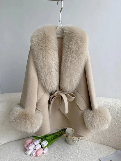 Luxury Wool Blend Cape with Detachable Fur Collar - Loran