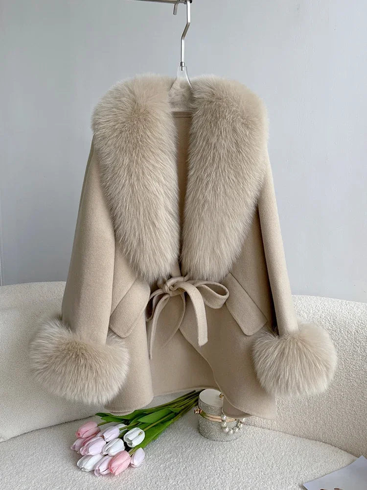 Luxury Wool Blend Cape with Detachable Fur Collar