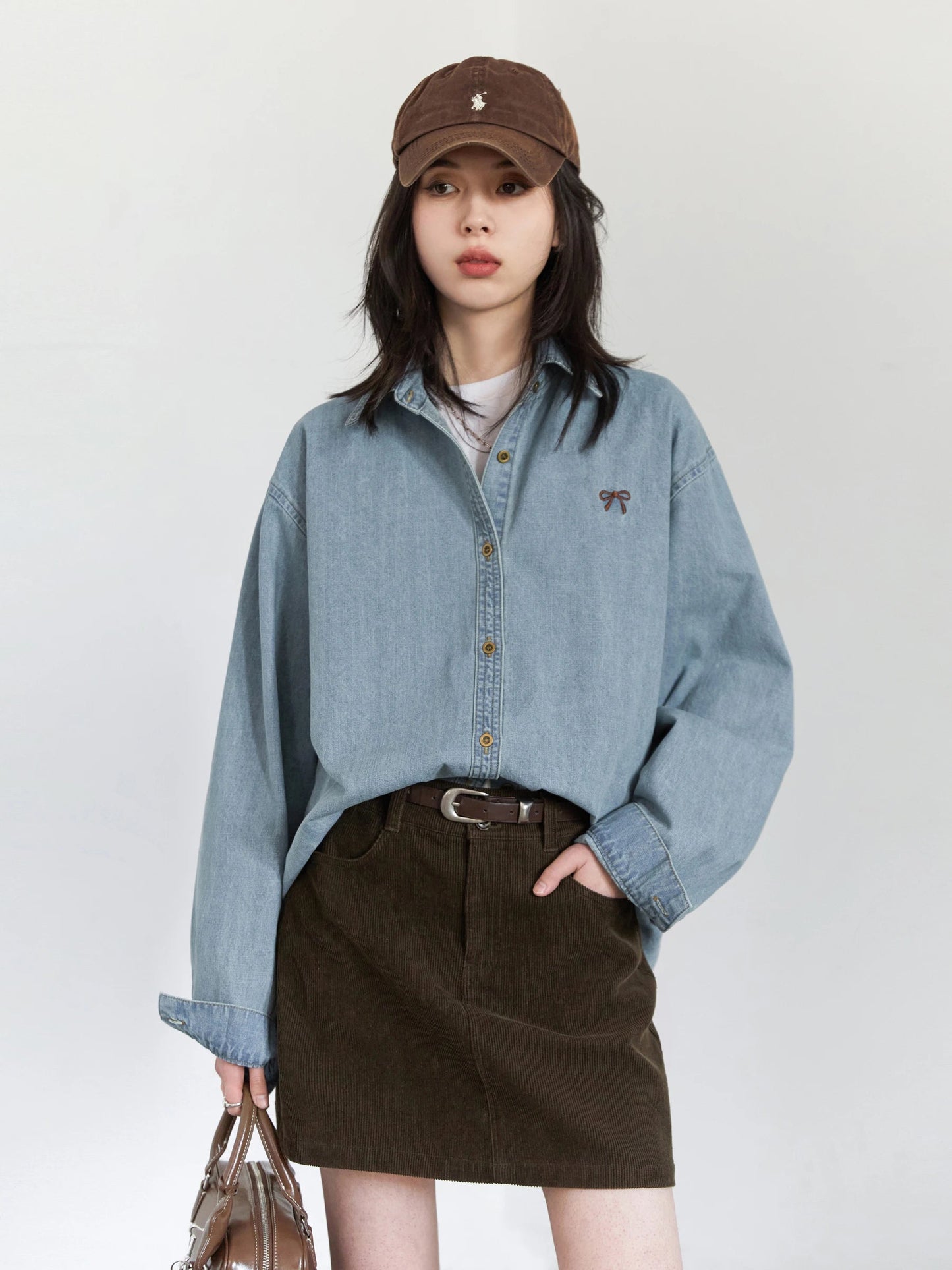 Bow Embroidered Denim Shirt Loose Blue Blouse Loran