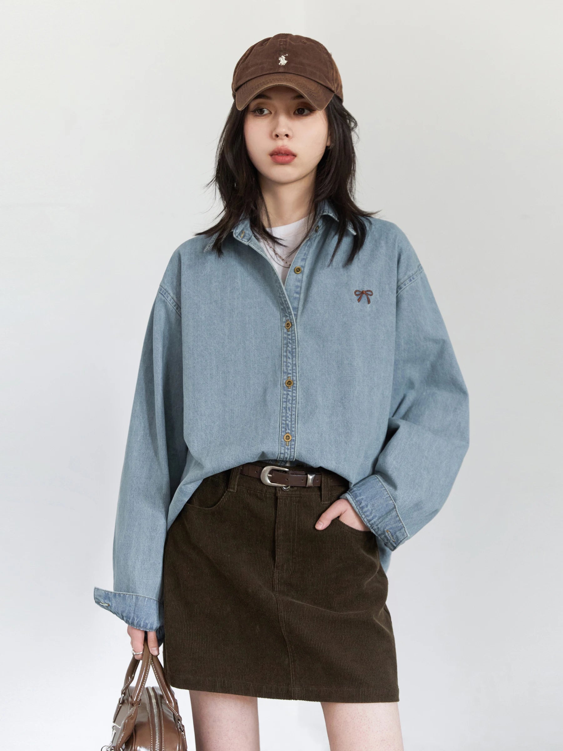 Bow Embroidered Denim Shirt Loose Blue Blouse Loran