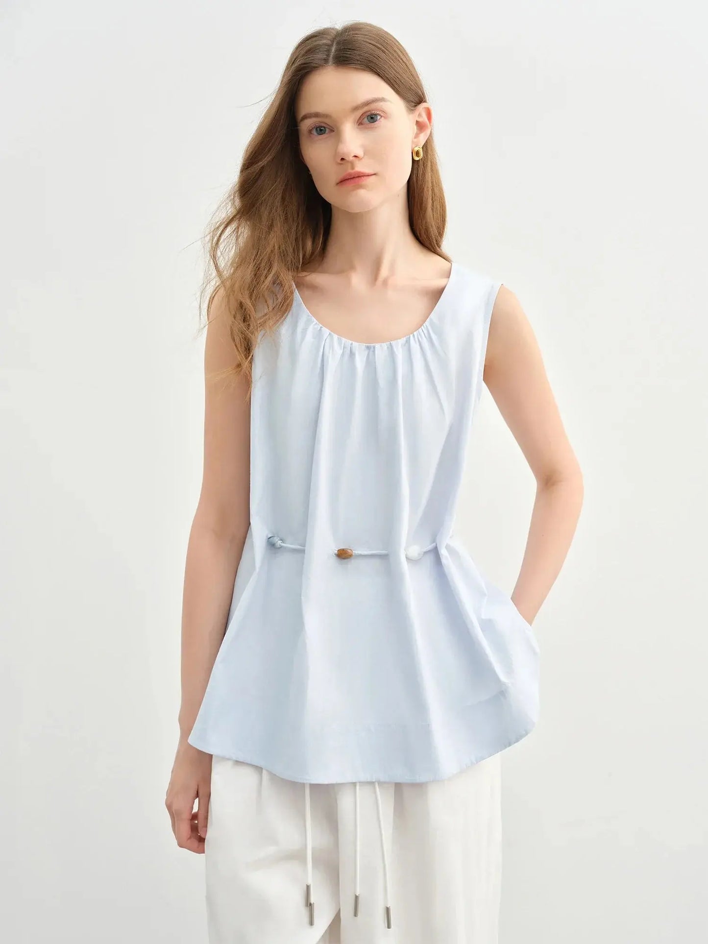Women's Beaded Sleeveless Blue Cotton Top LORAN STORE