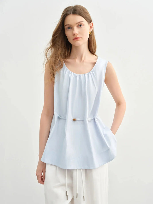 Women's Beaded Sleeveless Blue Cotton Top LORAN STORE