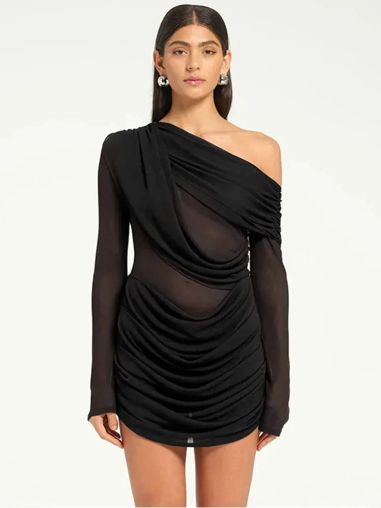 Elegant Mesh Long Sleeve Backless Mini Dress - Loran