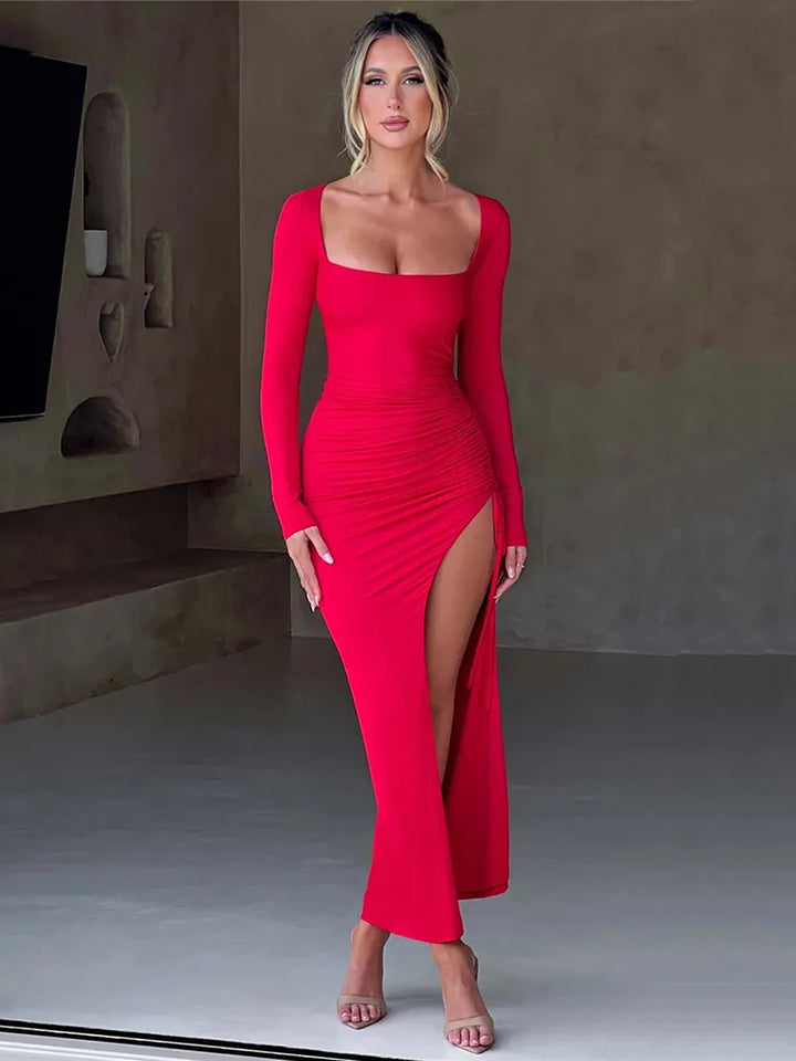 Long Sleeve Ruched High Split Maxi Dress - 3IN SMART Shop  #