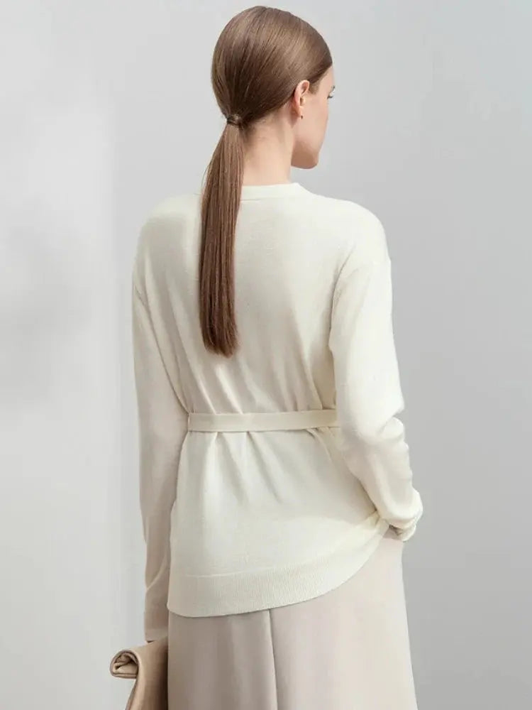 Women's V-Neck Knit Cardigan Sweater with Belt - Loran