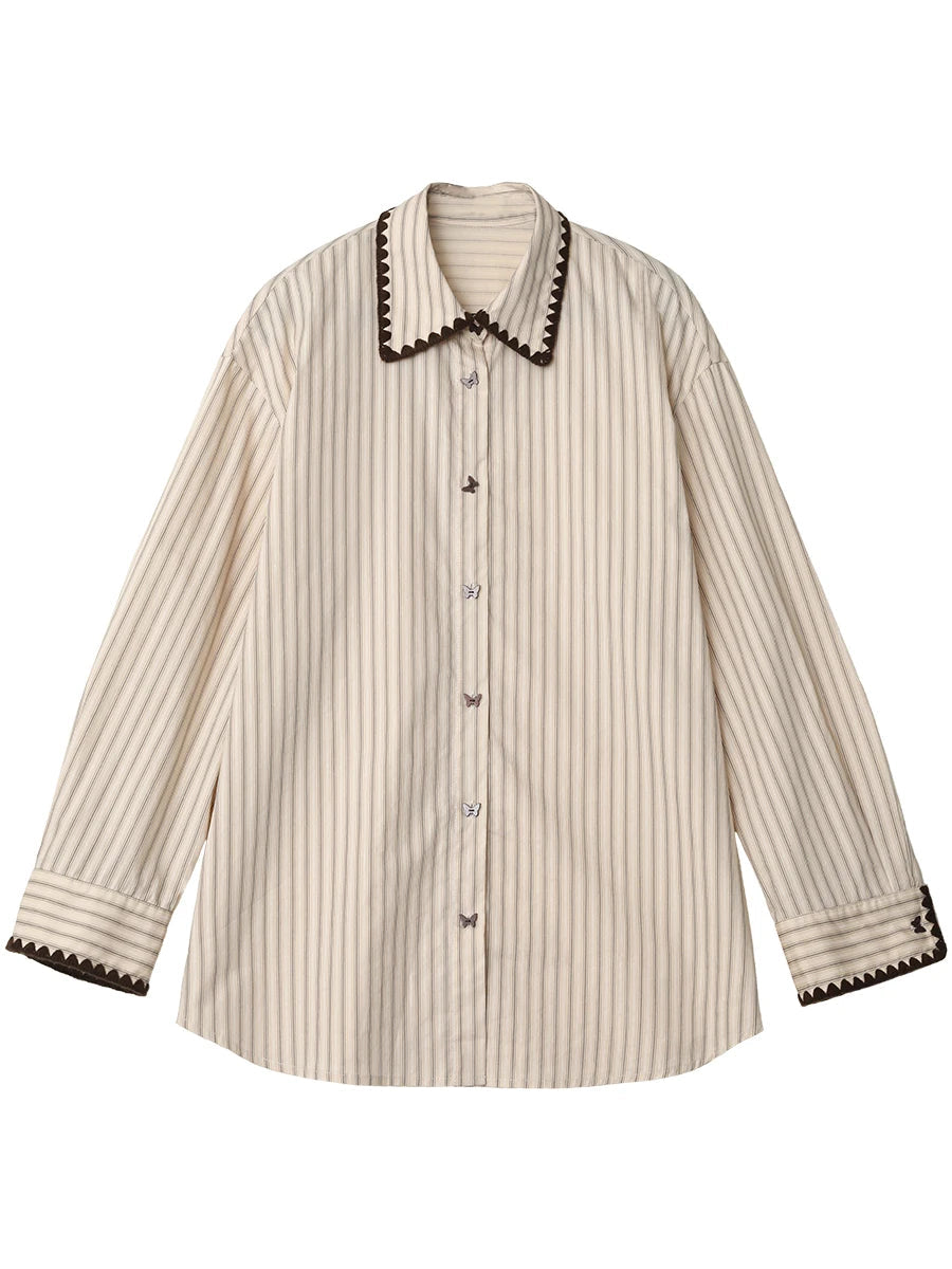 Women’s Striped Long Sleeve Blouse Loose Cotton Shirt Loran