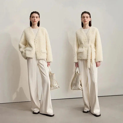 Warm Loose Fit Faux Fur Belted Jacket - Loran
