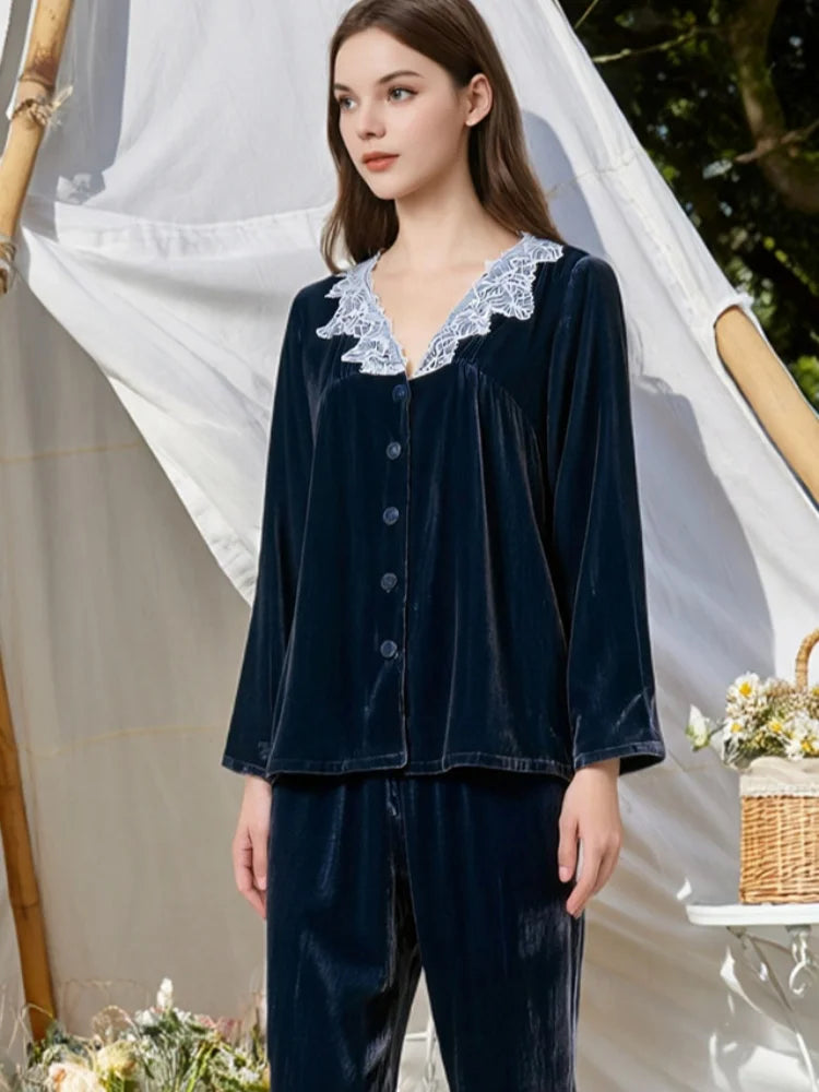 Minimalist & Elegant BirdTree Silk & Velvet Pajama Set Loran