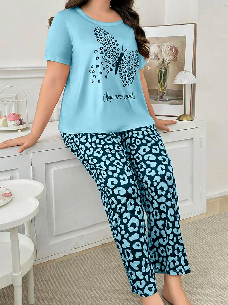 Plus size short-sleeved crew neck set pajamas