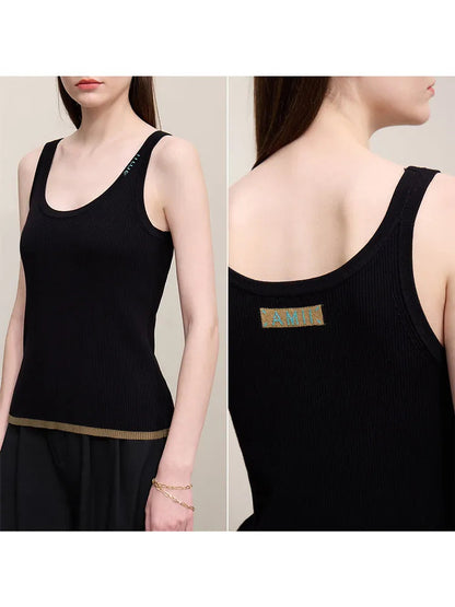 Amii Top Women 2026 Spring New U-neck Letter Jacquard Slim Vest Camisole Casual Sleeveless Knitted Women's Inner Top 12611005 Loran