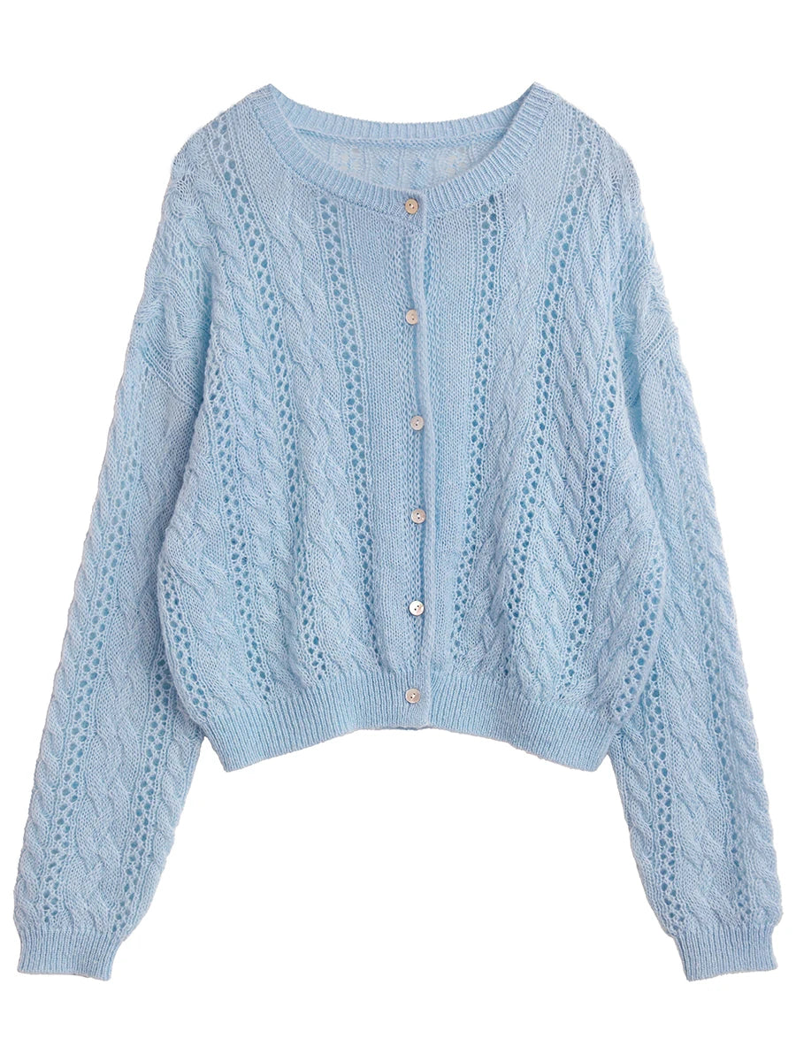 Mohair Hollow Knit Cardigan Loose Casual Short Jumper Loran