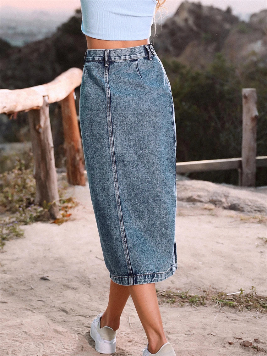 Denim Maxi Skirt Side Split - 3IN SMART Shop  #