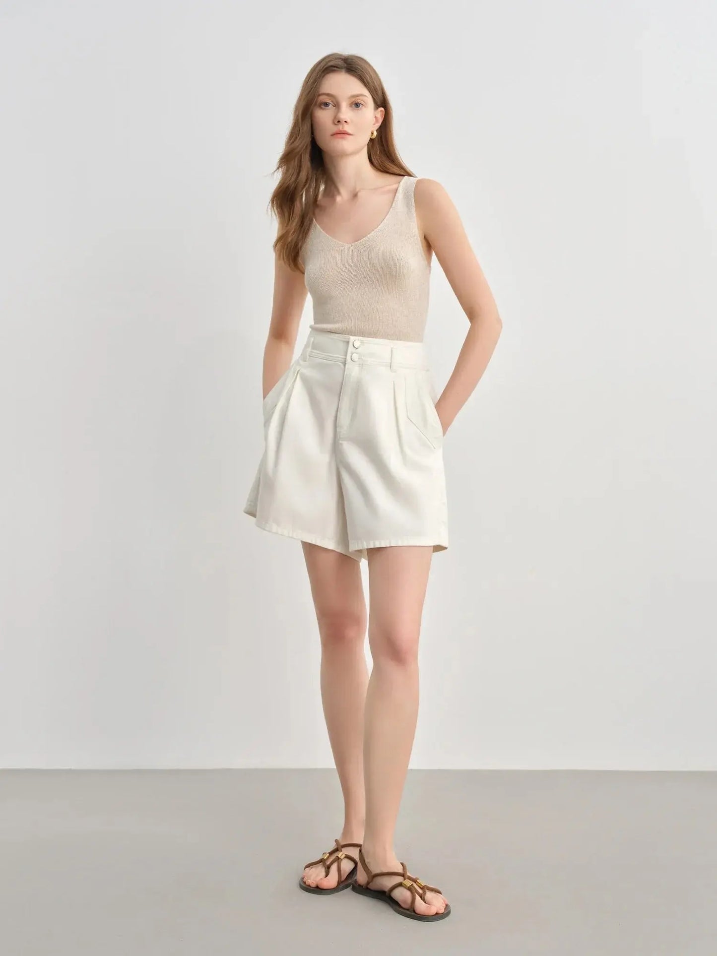 Plus Size High-Waist Pleated Denim Shorts - Loran